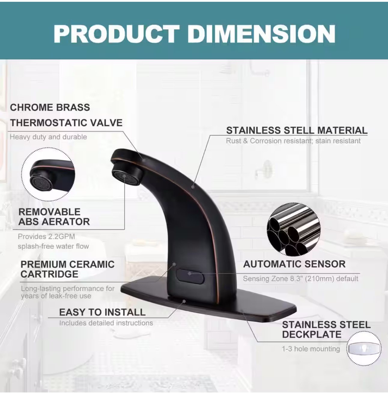 Automatic Sensor Touchless Battery Powered Bathroom Sink Faucet with Deckplate and Mixing Valve in Oil Rubbed Bronze - Image 3